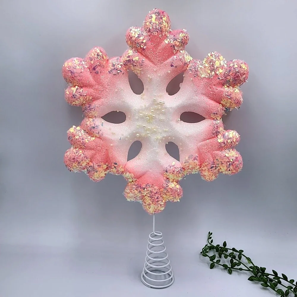 Pink Ombre Foam Snowflake Tree Topper Iridescent Glitter Pearl Whimsical 15 in